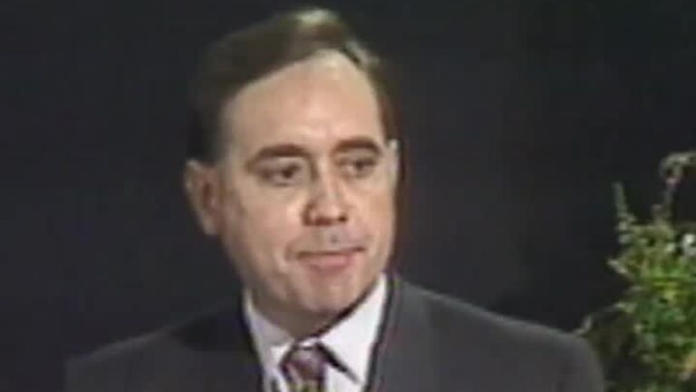 Alex Salmond gives a victory speech in 1990 after being elected as leader of the SNP