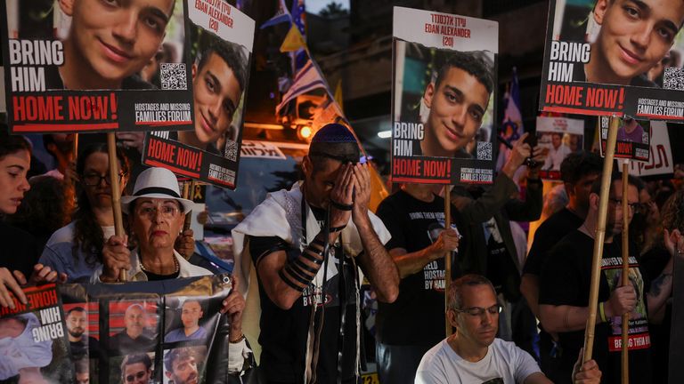 Protesters marching toward Benjamin Netanyahu's residents a year after Hamas attacked Israel.
Pic: Reuters