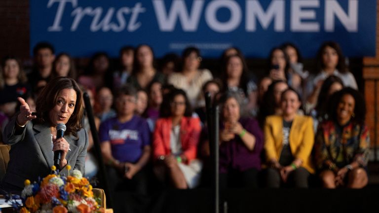 6.	U.S. Vice President Kamala Harris discusses reproductive rights on the second anniversary of Roe v. Wade being overturned, in Phoenix, Arizona, U.S. June 24, 2024. REUTERS/Rebecca Noble