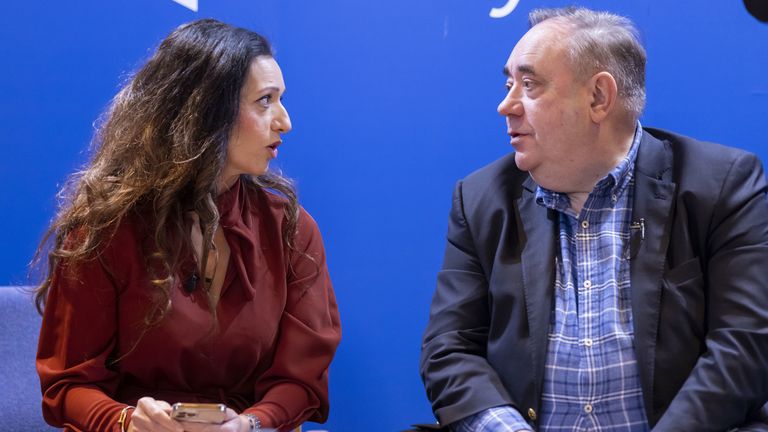 a party leader Alex Salmond and Tasmina Ahmed-Sheikh (left) during a ALBA Special National Assembly meeting of over 300 independence activists at the Charteris Centre in Edinburgh. He said the case for breaking the impasse on independence by forcing a Holyrood election this year to act as a 'defacto referendum' on independence this year rather than waiting for a Westminster election next year. Picture date: Saturday January 14, 2023.