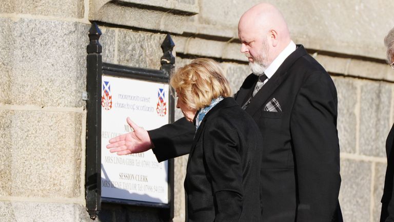 Alex Salmond's widow Moira arrives for the funeral service.
Pic: PA