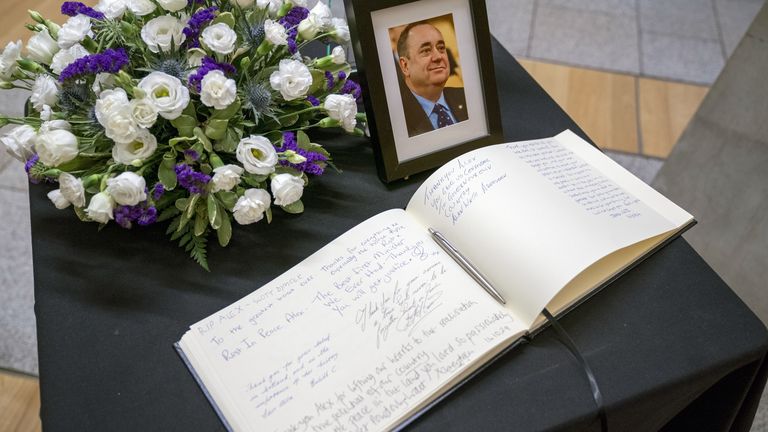 A book of condolence in memory of Alex Salmond, at The Scottish Parliament in Edinburgh. The former Scotland first minister and current Alba Party leader died aged 69 on Saturday October 12, 2024. Picture date: Wednesday October 16, 2024.