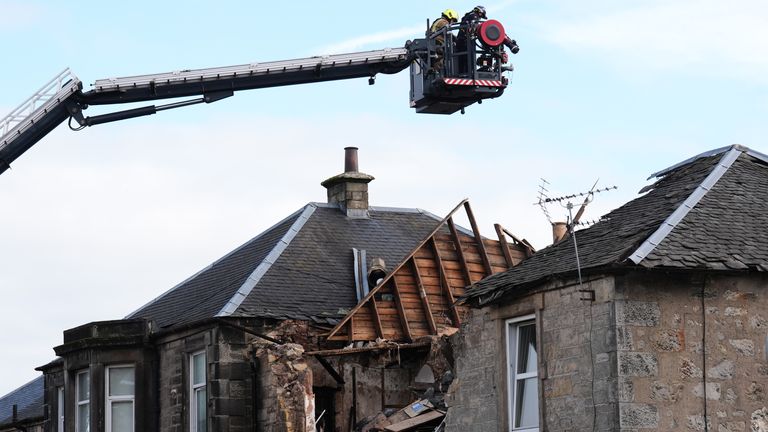 Fire investigators at the scene at Kellie Place in Alloa, Clackmannanshire, after an explosion.
Pic: PA