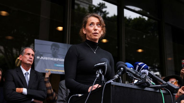 Anamaria Bart, the daughter of Jose Mainndez, as members of the Eric and Lille Mendez family, spoke to Bverly Hills, who are convicted of killing their parents, held a press conference at the Clara Shortridge Voltz Criminal Center in Los Angeles, California, October 16, 2024.