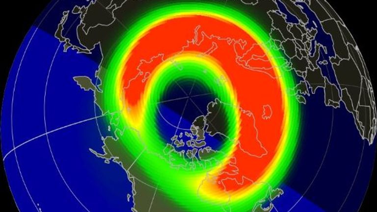 The US NOAA's aurora forecast for around 8.30pm on Thursday. Pic: NOAA Space Weather Prediction Center