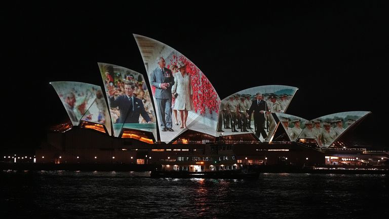 Pictures are projected onto Sydney Opera House after King Charles III and Queen Camilla arrived in Sydney to begin their tour of Australia and Samoa. Picture date: Friday October 18, 2024.