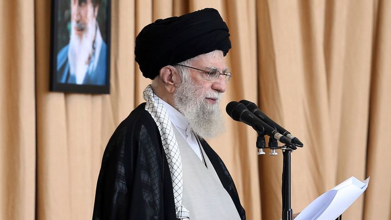 In this photo released by the official website of the office of the Iranian supreme leader, Supreme Leader Ayatollah Ali Khamenei delivers his sermon during Friday prayers at Imam Khomeini grand mosque, in Tehran, Iran, Friday, Oct. 4, 2024. (Office of the Iranian Supreme Leader via AP)