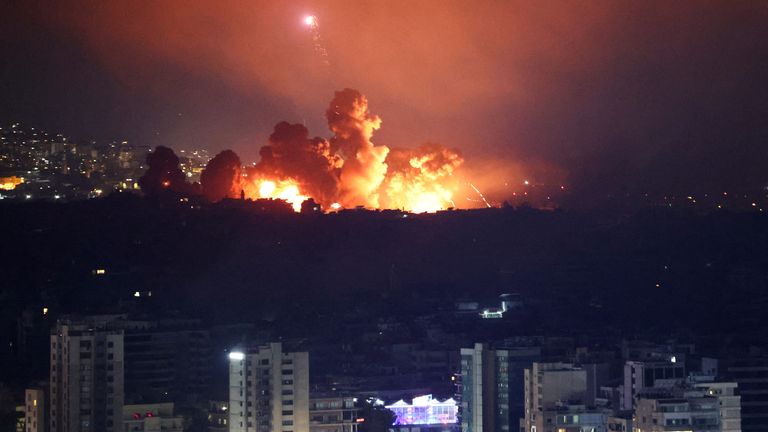 Smoke and flames rise over Beirut's southern suburbs after a strike, amid the ongoing hostilities between Hezbollah and Israeli forces, as seen from Sin El Fil, Lebanon, October 3, 2024. REUTERS/Amr Abdallah Dalsh
