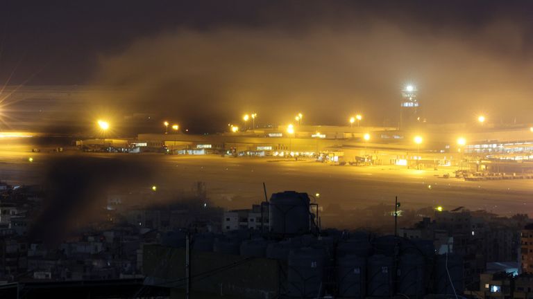 Smoke rises near Beirut's Rafic Al Hariri International Airport after an explosion on Sunday. Pic: Reuters