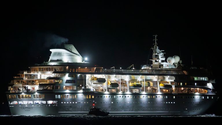 The Villa Vie Odyssey cruise ship leaves Belfast Harbour.
Pic:PA