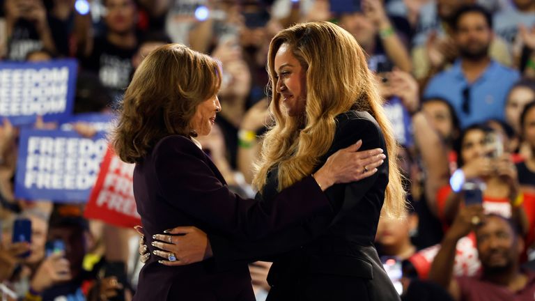 Beyoncé hugged Kamala Harris after welcoming her to the stage. Image: AP