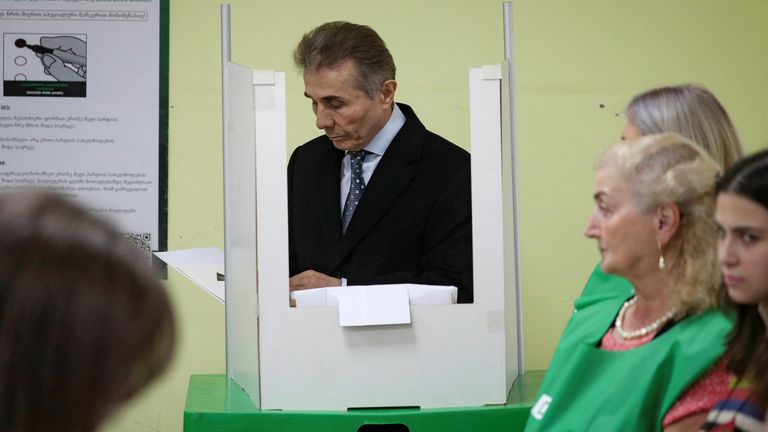 Founder of the Georgian Dream party Bidzina Ivanishvili casts his vote. Pic: Reuters