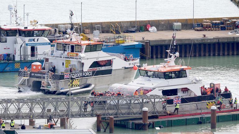 Groups of people thought to be migrants are brought in to Dover, Kent, onboard Border Force vessels following a number of small boat incidents in the Channel.
Pic: PA