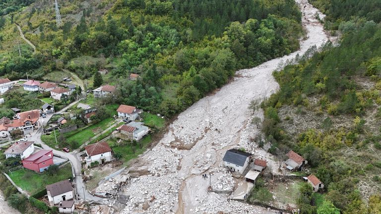 A drone view shows a flooded residential area in Donja Jablanica, Bosnia and Herzegovina.
Pic: Reuters