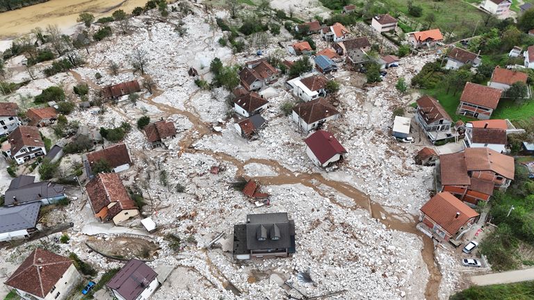 A drone view shows a flooded residential area in Donja Jablanica, Bosnia and Herzegovina.
Pic: Reuters