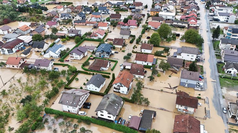 A drone view shows a flooded residential area in Kiseljak, Bosnia and Herzegovina, October 4, 2024.REUTERS/Amel Emric
