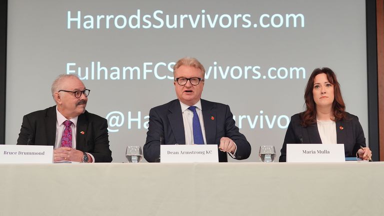 Bruce Drummond, Dean Armstrong KC and Maria Mulla represent the Harrods Survivors group. Photo: PA