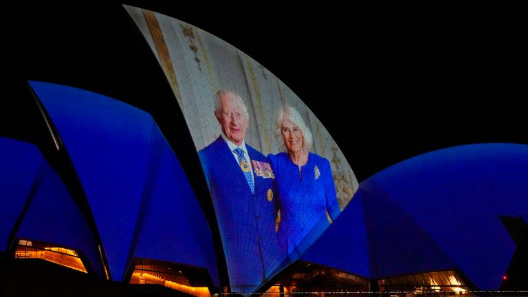 The Sydney Opera House sails show photos of King Charles and Queen Camilla.
Pic: AP