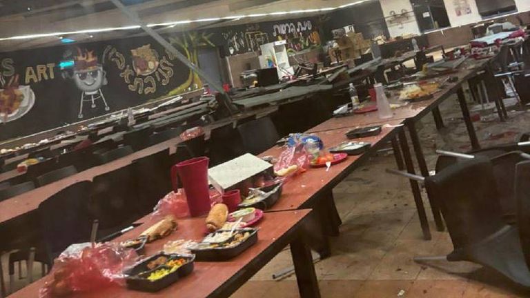 The scene inside the military canteen where the Hezbollah drone attack took place