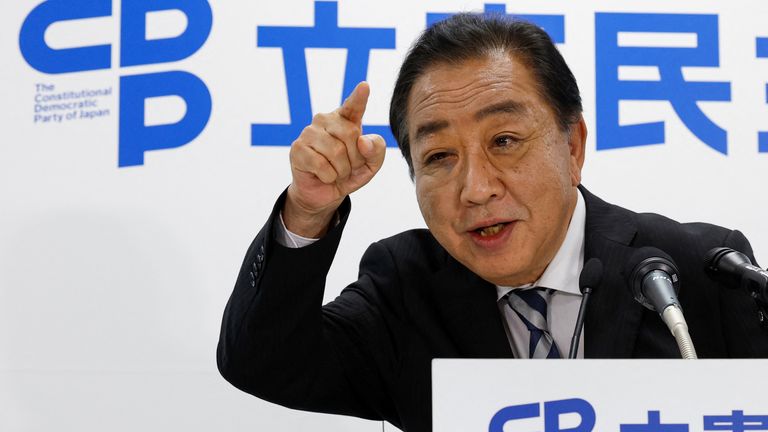 Yoshihiko Noda, leader of the main opposition Constitutional Democratic Party of Japan (CDPJ) speaks to the members of the media, on the day of general election, at the party's headquarters in Tokyo, Japan October 27, 2024. REUTERS/Kim Kyung-Hoon