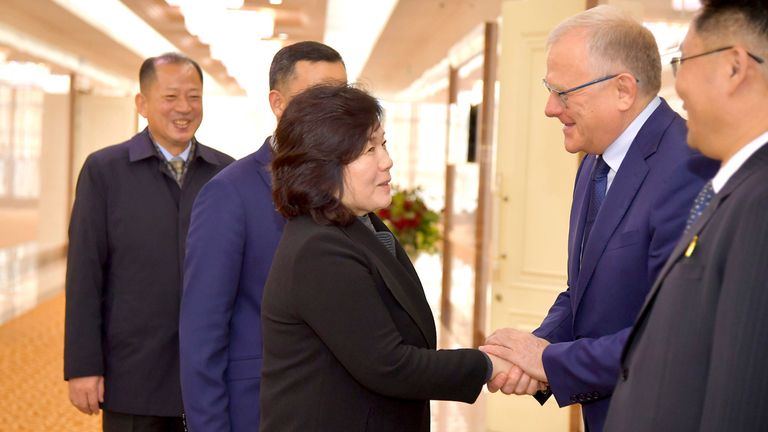 North Korean Foreign Minister Choe Son Hui prepares to depart for Russia, in Pyongyang on Monday. Pic: AP