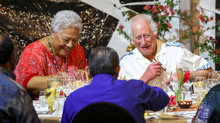 King Charles and Fiame Naomi Mata'afa, Prime Minister of Samoa react at the CHOGM Reception.
Pic: Reuters