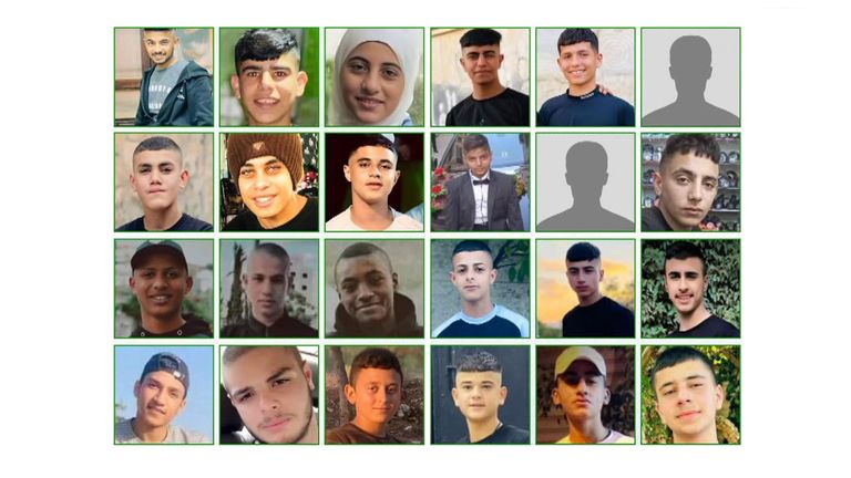 Compilation of image 2 of 7 - illustrating the 168 Palestinians under the age of 18 who have lost their lives during Israeli attacks since October 7th 2023.  Figs according to DCI Palestine and Save the Children.