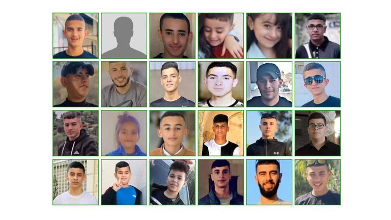 Compilation of image 1 of 7 - illustrating the 168 Palestinians under the age of 18 who have lost their lives during Israeli attacks since October 7th 2023.  Figs according to DCI Palestine and Save the Children.