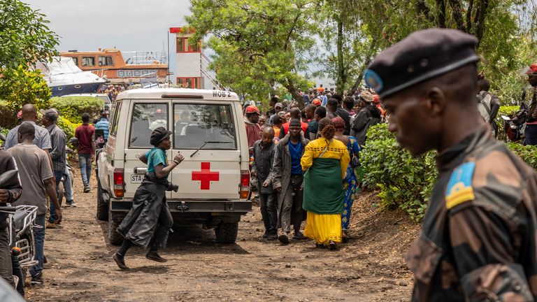 An ambulance arrives at the port of Goma, Democratic Republic of Congo.
Pic: AP