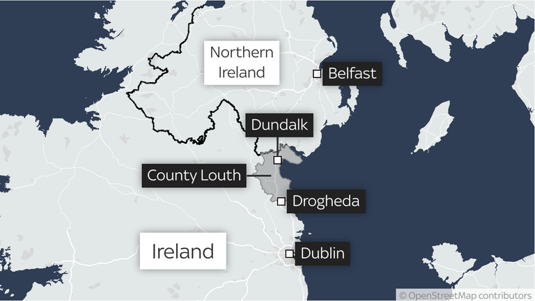 A map showing the location of Drogheda and Dundalk, County Louth