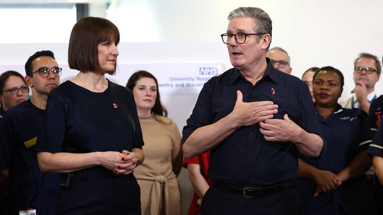 Keir Starmer and Rachel Reeves speak with members of staff during a visit to University Hospital Coventry and Warwickshire in Coventry.
Pic: AP