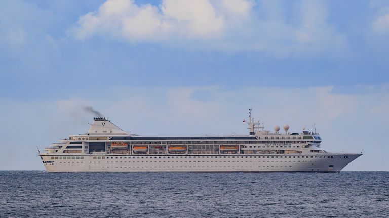 Villa Vie Odyssey cruise ship leaving Belfast Lough after being anchored off the coast on Bangor, Northern Ireland. The luxury cruise ship became marooned in Belfast for four months due to unexpected repair works and has finally got underway. Picture date: Thursday October 03, 2024.