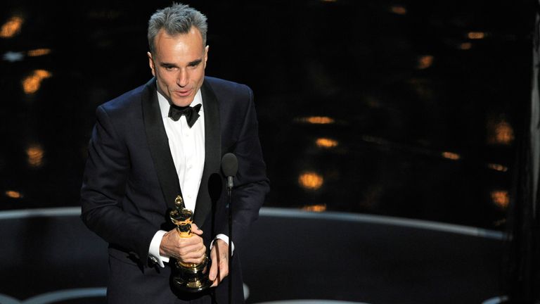 Daniel Day-Lewis accepts the award for best actor in a leading role for "Lincoln" during the Oscars at the Dolby Theatre on Sunday Feb. 24, 2013, in Los Angeles. (Photo by Chris Pizzello/Invision/AP)


