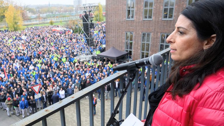 Daniela Cavallo, Chairwoman of the General and Group Works Council of Europe’s largest carmaker Volkswagen AG speaks to employees during a briefing astir  VW's plans to adjacent  down   3  plants and laic  disconnected  thousands of employees successful  Wolfsburg, Germany, October 28, 2024. Julian Stratenschulte/Pool via REUTERS
