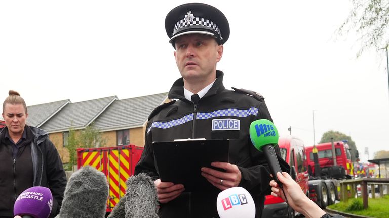 Superintendent Darren Adams, of Northumbria Police, speaks to the media .
Pic: PA