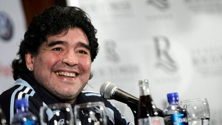 Argentina's coach Diego Maradona, speaks during a press conference in Rosario, Argentina, Tuesday, Aug. 18, 2009. Hoping to gain an advantage, Argentina has moved the Sept. 5 match, against Brazil in a World Cup 2010 qualifying soccer game, to Rosario, located about 300 kilometers, 180 miles, northwest of Buenos Aires. Maradona requested the change of venue, upset over the field conditions at River Plate's stadium, Argentina's normal venue for playing qualifiers. (AP Photo/Matias Sarlo)