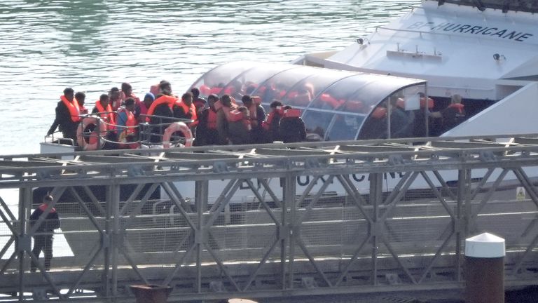 A group of people thought to be migrants are brought in to Dover, Kent, from a Border Force vessel following a small boat incident in the Channel. Picture date: Friday October 18, 2024.
