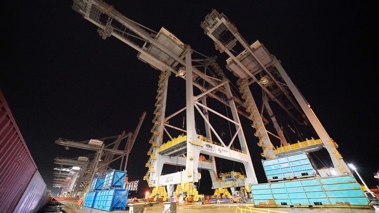 The UK's largest quay cranes, weighing over 2,000 tonnes, are offloaded at DP World London Gateway. Picture date: Wednesday February 21, 2024.
