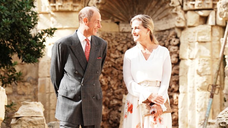 The Duke and Duchess of Edinburgh during a tour of Villa Guardamangia, in Pieta, accompanied by representatives from Heritage Malta to hear more about the restoration work being undertaken at the former residence of the late Queen Elizabeth II and her husband Prince Philip, the late Duke of Edinburgh, when they were a young married couple, on the third day of a royal tour of Malta to mark the 60th anniversary of its independence and celebrate the country's shared heritage and continuing collabor