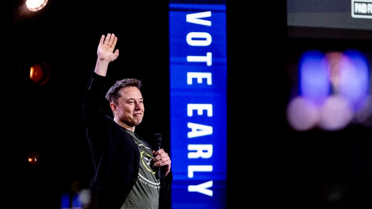 Elon Musk gestures as he speaks at Life Center Church in Harrisburg, Pa., Saturday, Oct. 19, 2024. (Sean Simmers/The Patriot-News via AP)