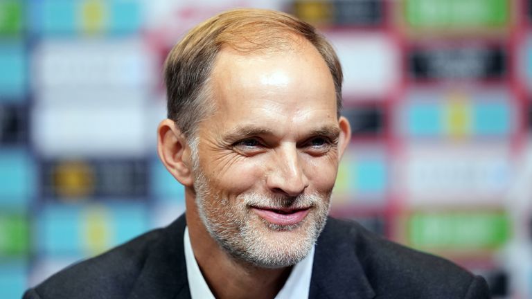 Newly appointed England head coach Thomas Tuchel during a press conference at Wembley Stadium.
Pic: PA