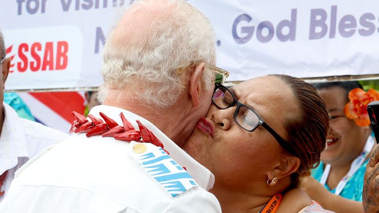 King Charles is welcomed by resident Faamanatu Molly Nielsen during a visit to the Moata'a Village Mangrove Restoration Walk, near Apia in Samoa.
Pic: PA