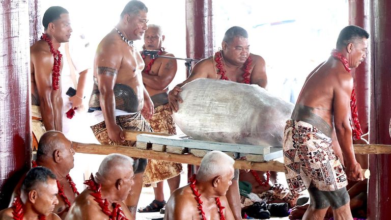 Members of the Falelatai village participate in an 'ava ceremony, reserved only for monarchs, hosted by the Samoan Head of State and his village for King Charles III and Queen Camilla, during their visit to the National University of Samoa, on day five of the royal visit to Australia and Samoa. Picture date: Thursday October 24, 2024. PA Photo. See PA story ROYAL Tour. Photo credit should read: Chris Jackson/PA Wire