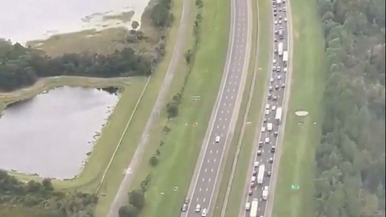 Traffic backs up on Florida highways as residents evacuate ahead of hurricane Milton's arrival to Florida, near Tampa, Florida, U.S., October 7, 2024, in this screen grab from a social media video. Hillsborough County Sheriff's Office via X/Handout via REUTERS THIS IMAGE HAS BEEN SUPPLIED BY A THIRD PARTY. NO RESALES. NO ARCHIVES. MANDATORY CREDIT.