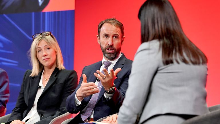 Gareth Southgate and Culture Secretary Lisa Nandy, taking part in the 'UK's creative assets: Soft power as a hard investment opportunity' discussion. 
Pic: PA