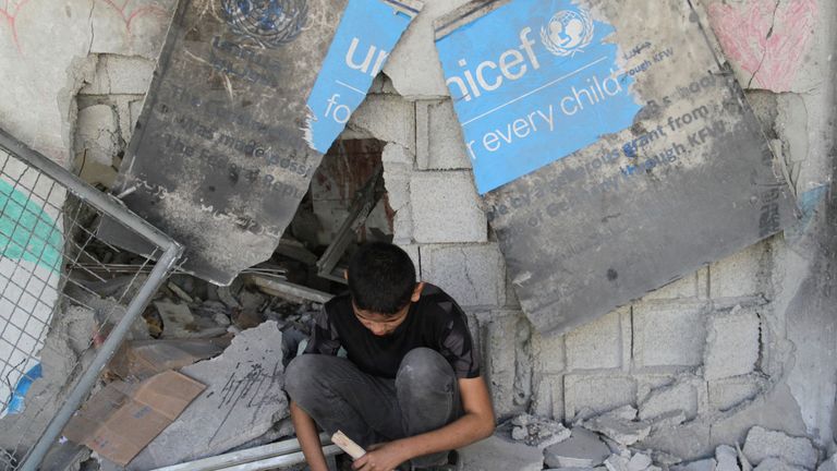 The remains of a school sheltering displaced people in Beach refugee camp in Gaza City. 
Pic: Reuters