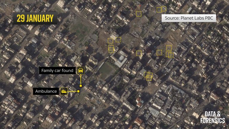 This satellite image shows at least 15 military vehicles present in the area on the day of the attack. Credit: Planet Labs PBC