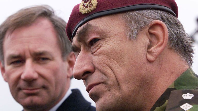 British Army General Sir Mike Jackson (R) and Defence minister Geoff Hoon speak to reporters as operations continue to slaughter thousands of sheep at the disused airfield at Great Orton near Carlisle, northern England March 28, 2001. The army are helping in the disposal of thousands of sheep which are being slaughtered in an attempt to prevent the continued spread of Foot and Mouth disease.
