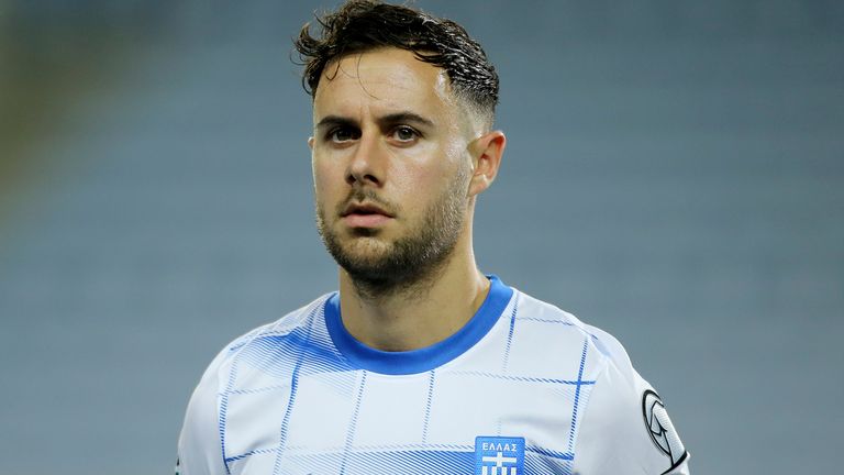 Greece's George Baldock stands on the pitch before the Euro 2024 group B qualifying soccer match between Gibraltar and Greece at the Algarve stadium outside Faro, Portugal, Friday, March 24, 2023. (AP Photo/Joao Matos)