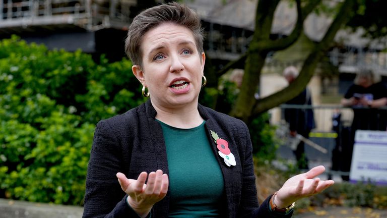 Green party co-leader Carla Denyer speaks to the media on College Green.
Pic: PA